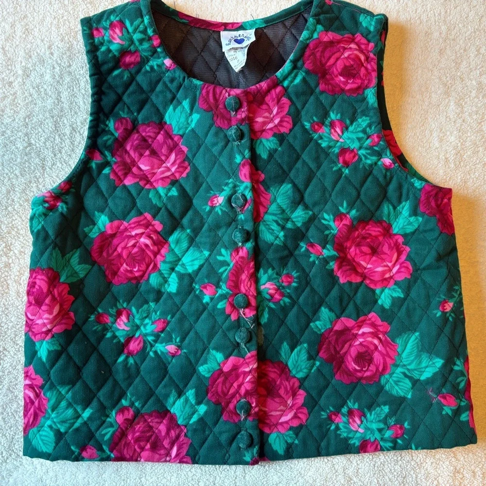 Vintage Hartstrings Floral Quilted Vest. Green and Pink. Girls Sz 8